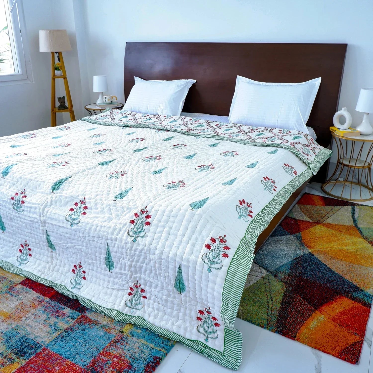 Hand Block Printed Jaipuri Cotton Quilt – Red & Green Floral Bel (90X108 Inches)